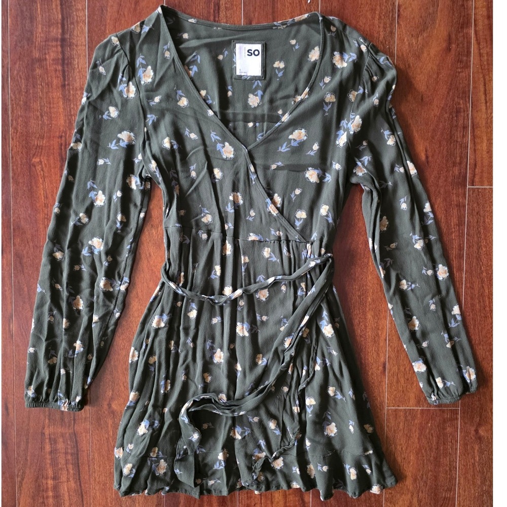 SO Goods For Life Womens Olive Green Floral Long Sleeve Wrap Mini Romper Size S